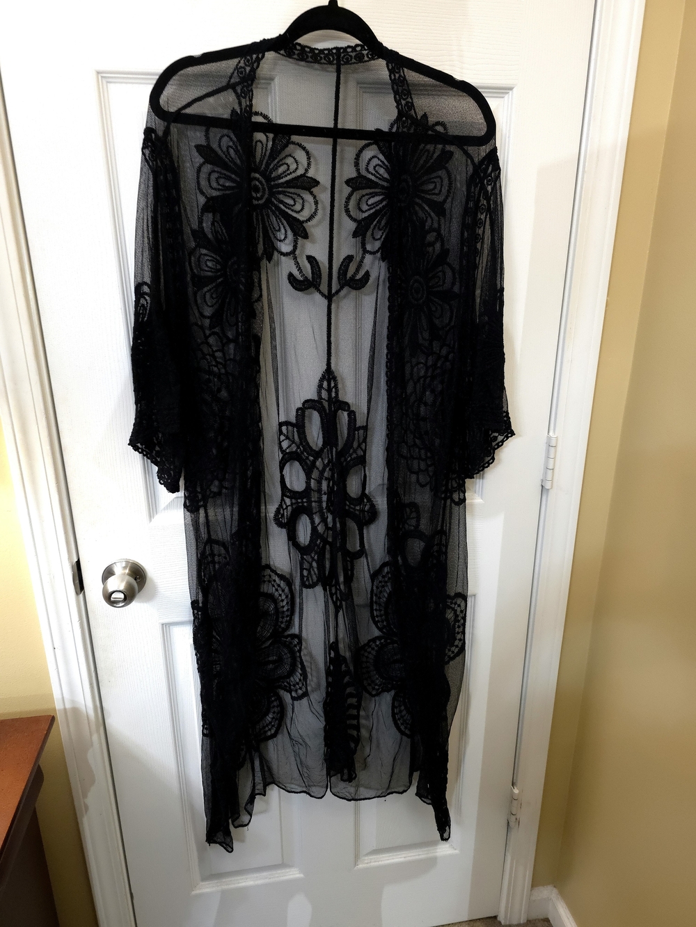 Black Sheer Floral Embroidered Lace Kimono Duster Cardigan
